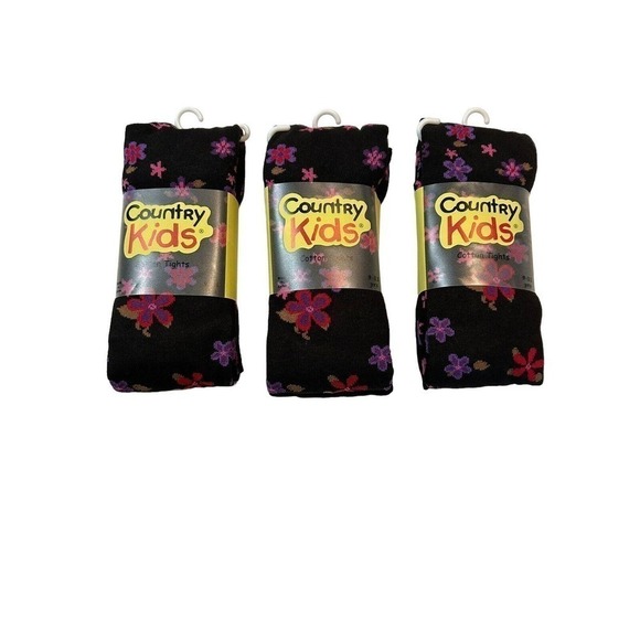 3 Pack Country Kids Cotton Girls Tights 9-11 Years Black Floral - Picture 2 of 5